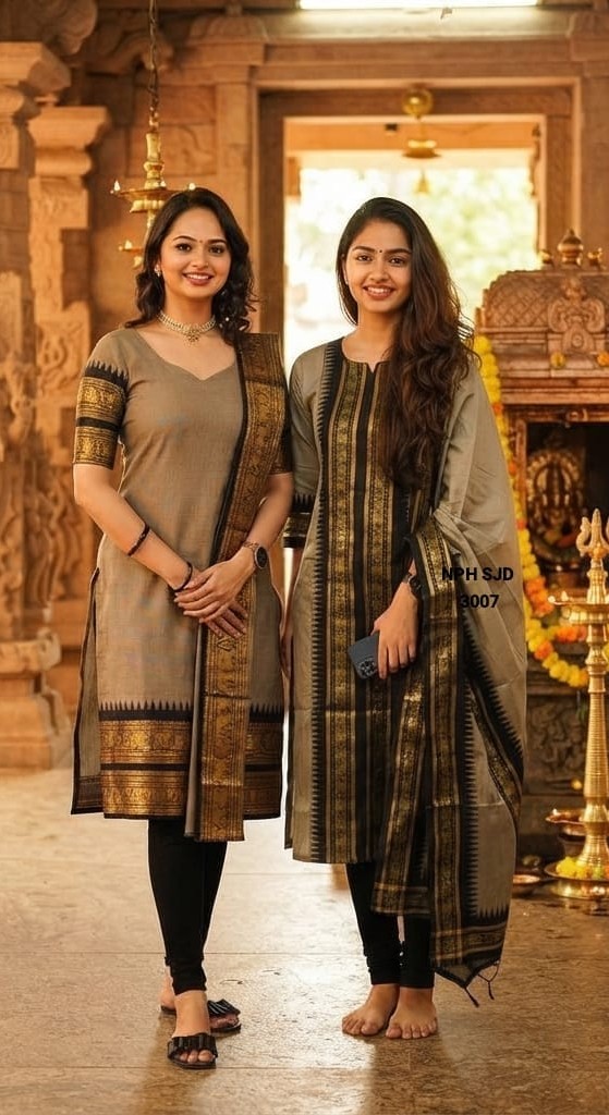 Traditional Kanchi Border Silk Cotton Kurti Set